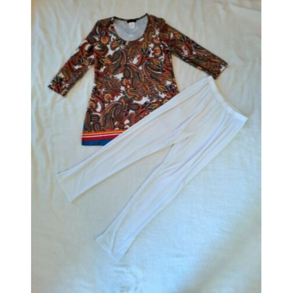 Boho Hippie Outfit, Color Explosion Paisley Tunic Blouse w/ White Pants Sz Small